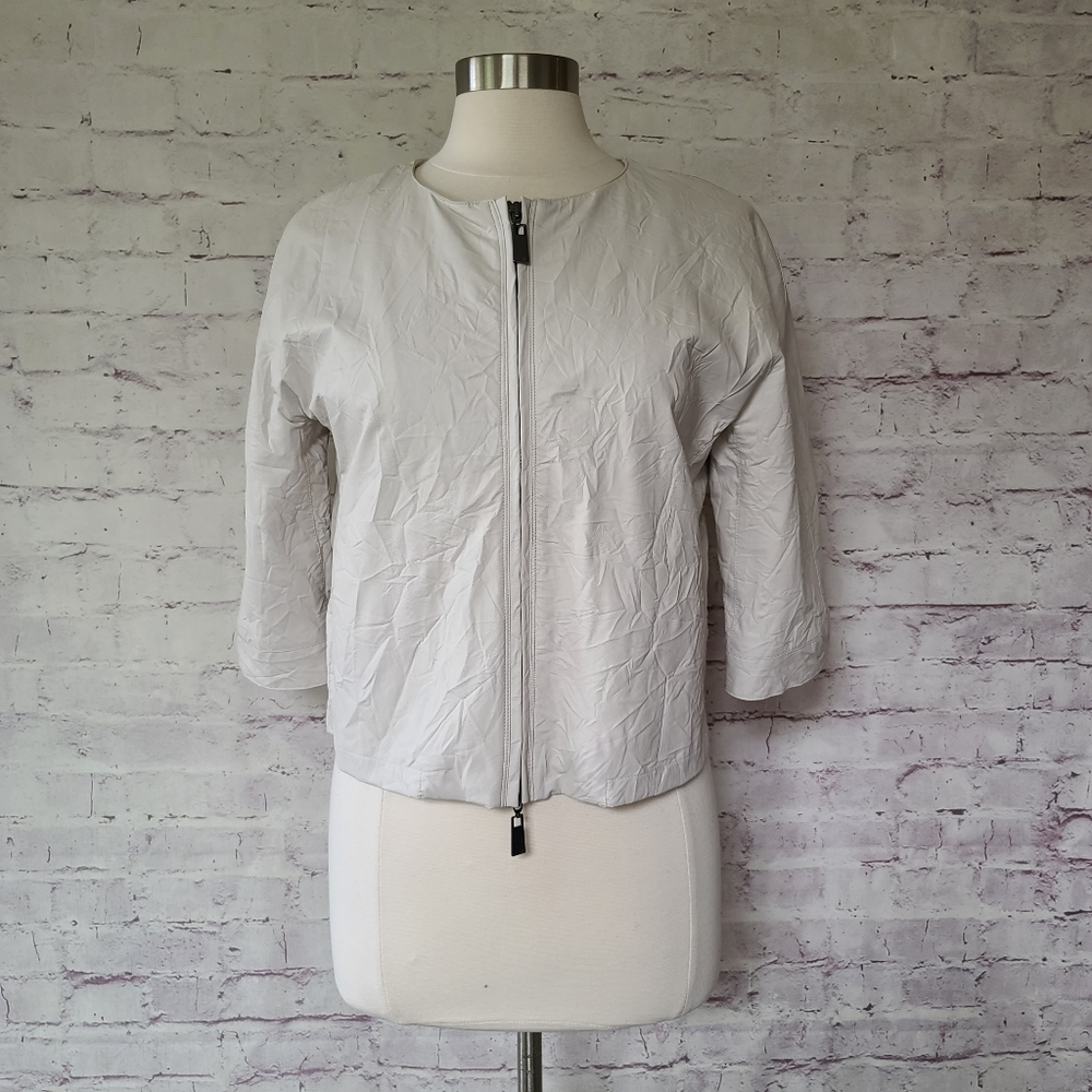 Lauren Vidal Faux Leather Cropped 3/4 Sleeve Zip Jacket Stone Cream Small